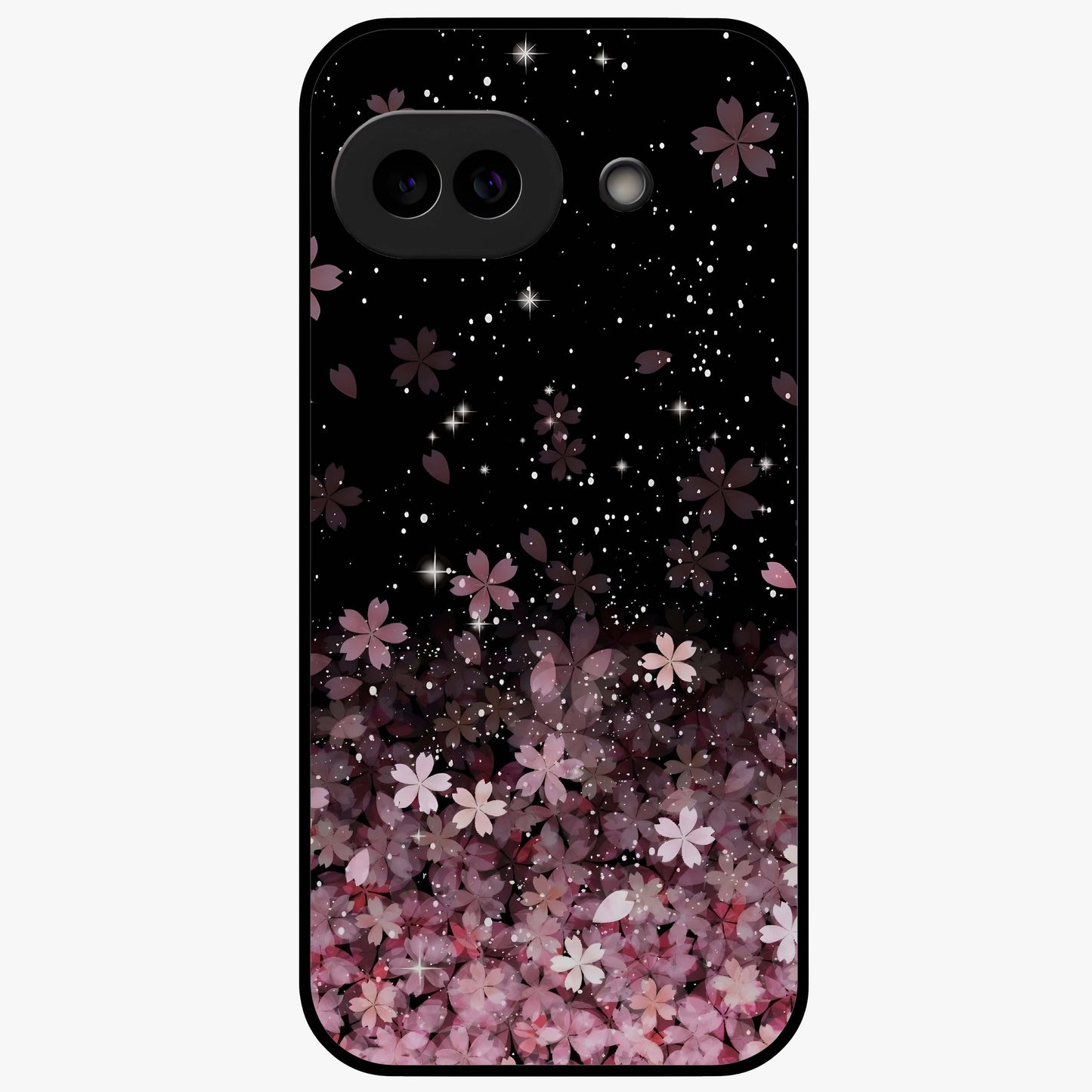 Small Starry Flowers Glass Case showing flat back view with delicate starry floral artwork and glossy glass finish.