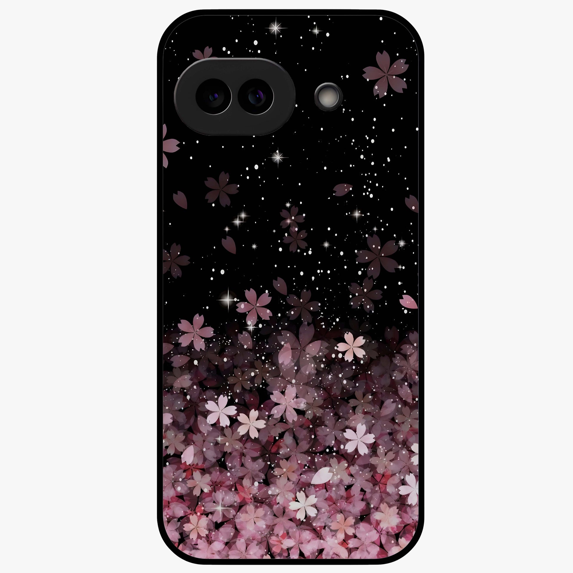 Small Starry Flowers Glass Case showing flat back view with delicate starry floral artwork and glossy glass finish.