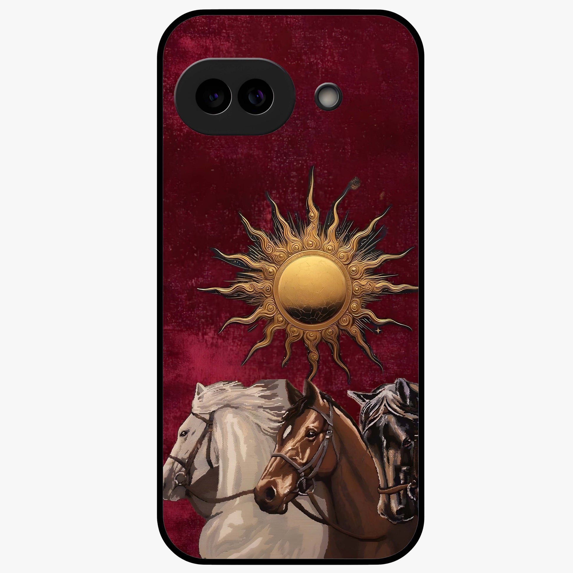 Solar Riders Glass Case showing flat back view with dynamic rider themed artwork and glossy glass finish.