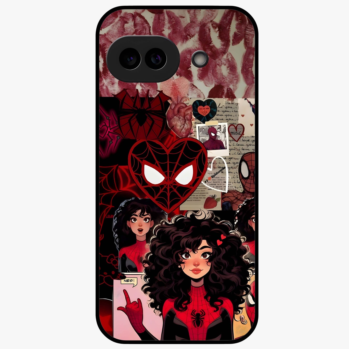 Spider Love Story Glass Case showing flat back view with romantic superhero themed artwork and glossy glass finish.