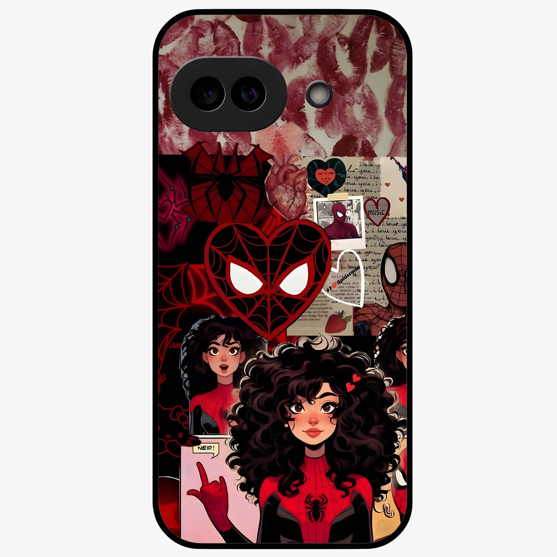 Spider Love Story Glass Case showing flat back view with romantic superhero themed artwork and glossy glass finish.