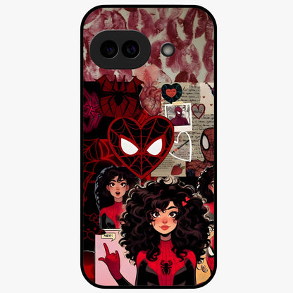Spider Love Story Glass Case showing flat back view with romantic superhero themed artwork and glossy glass finish.
