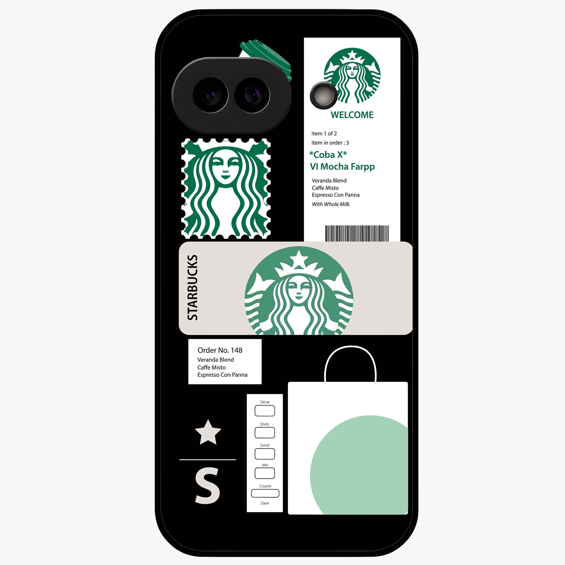 Starbucks Mocha Glass Case showing flat back view with coffee inspired artwork and glossy glass finish.
