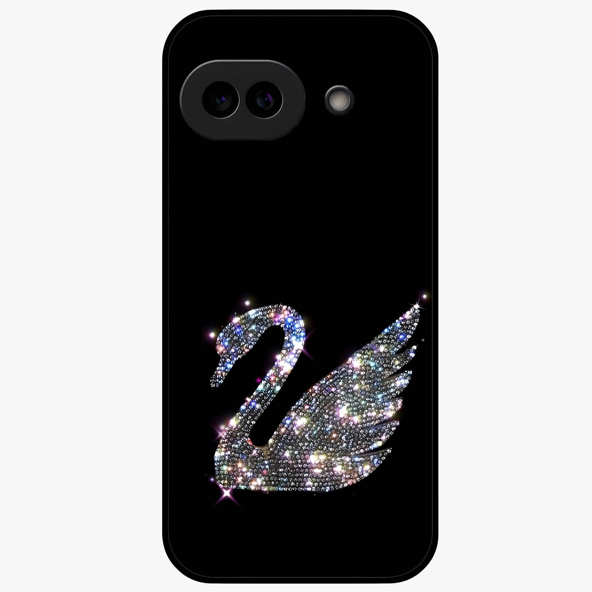 Starlit Swan Grace Glass Case showing flat back view with graceful swan artwork under starry sky and glossy glass finish.