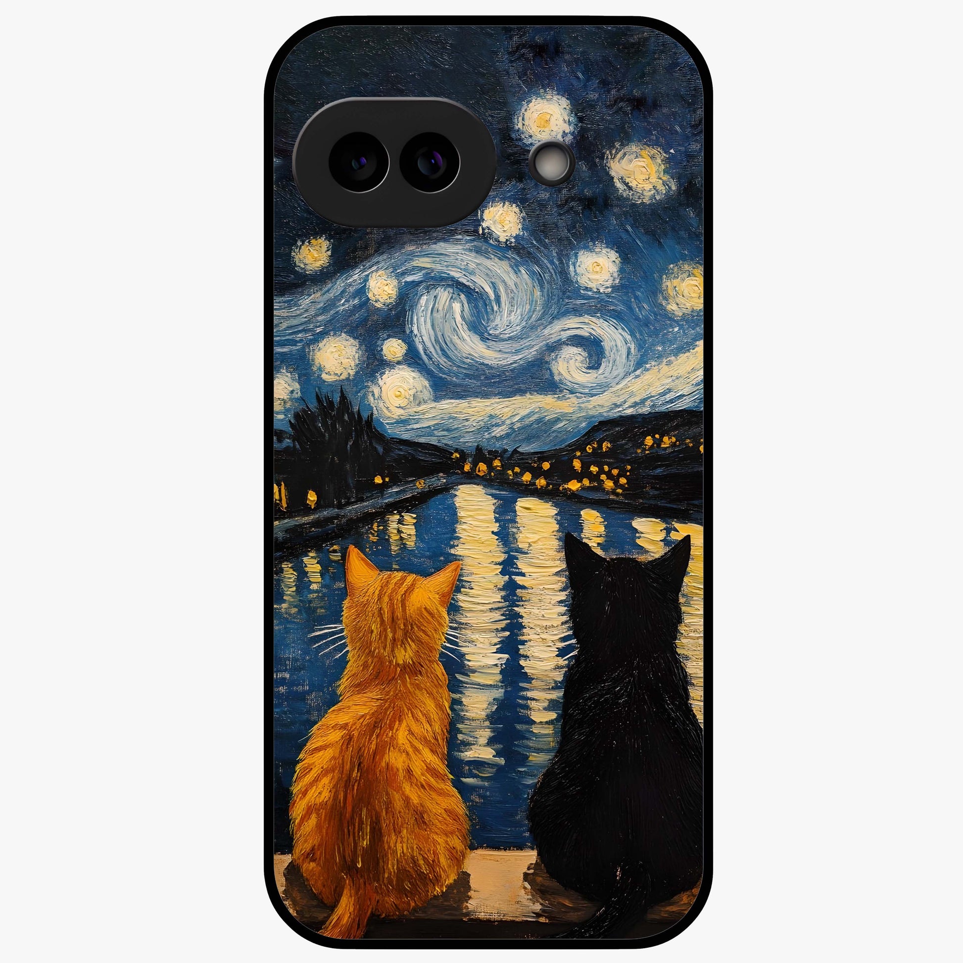 Starry River Cats Glass Case showing flat back view with cats by a starry river artwork and glossy glass finish.
