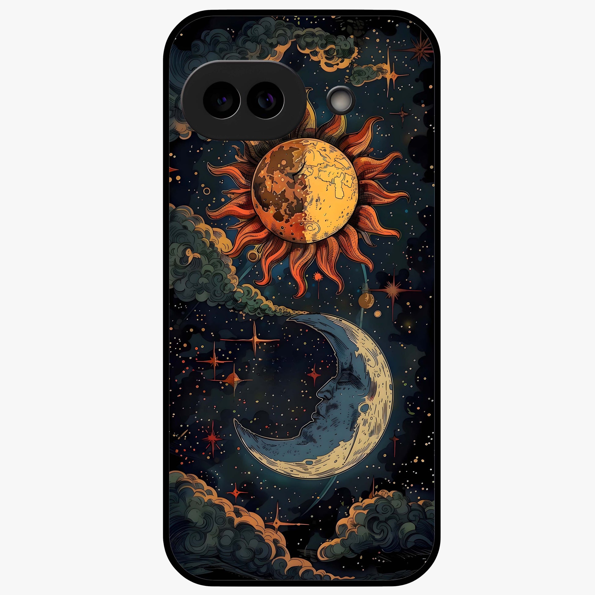 Sun And Moon Magic Design Glass Case showing flat back view with mystical sun and moon artwork and glossy glass finish.