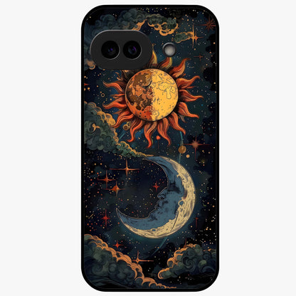 Sun And Moon Magic Design Glass Case showing flat back view with mystical sun and moon artwork and glossy glass finish.
