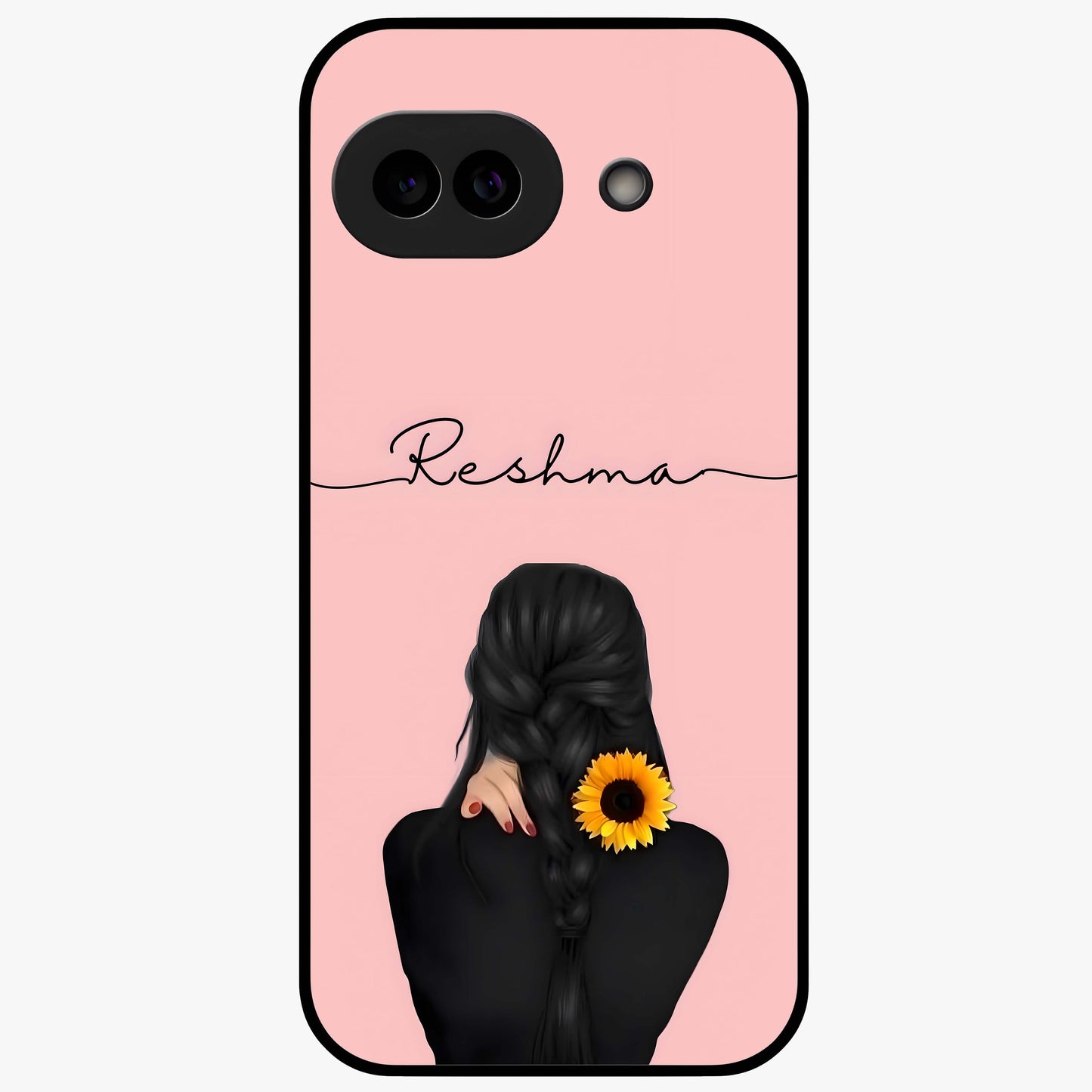 Sunflower Braid Beauty With Custom Name Glass Case showing flat back view with sunflower braid artwork and personalized name design.