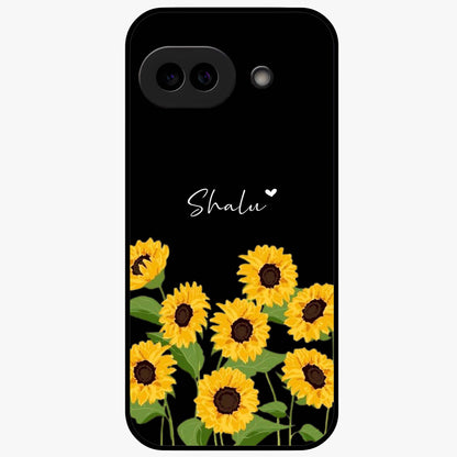 Sunflower Chic Mood Custom Name Glass Case showing flat back view with stylish sunflower artwork and personalized name design.