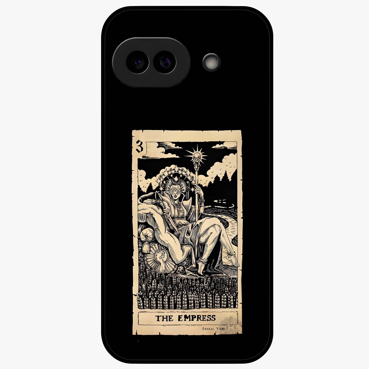 The Empress Glass Case showing flat back view with regal feminine artwork and glossy glass finish.