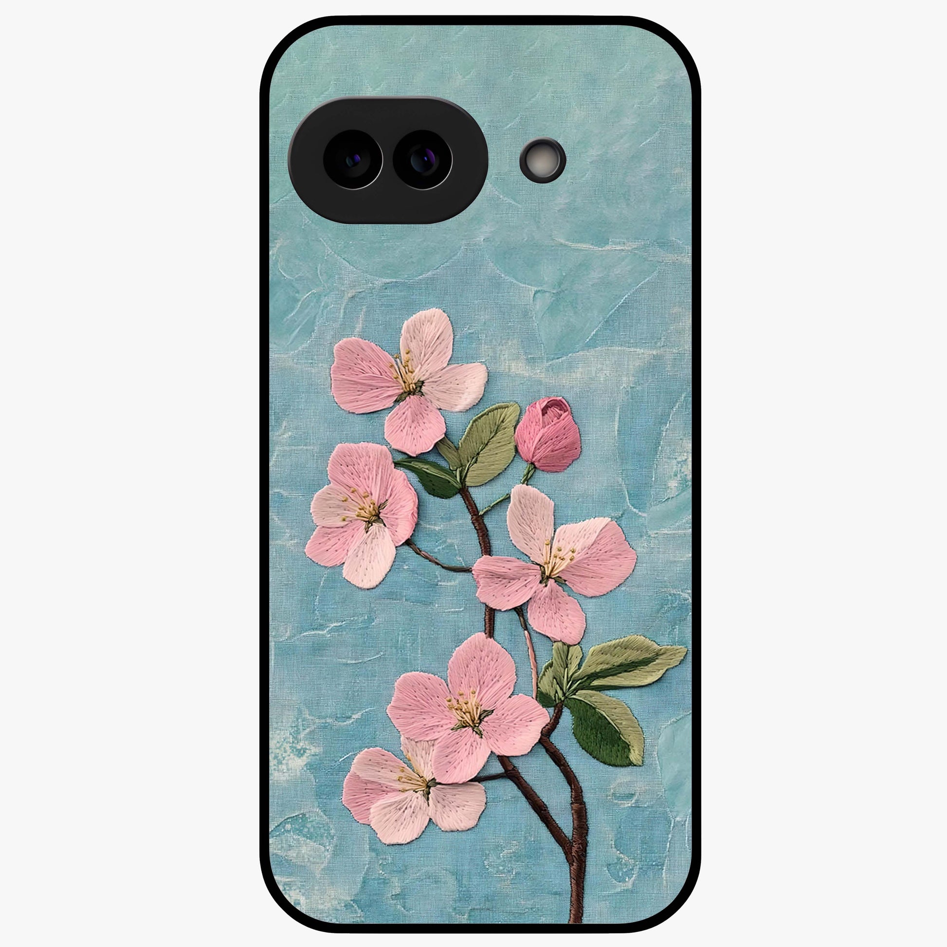 Threaded Blossom Breeze Glass Case showing flat back view with delicate blossom artwork and glossy glass finish.
