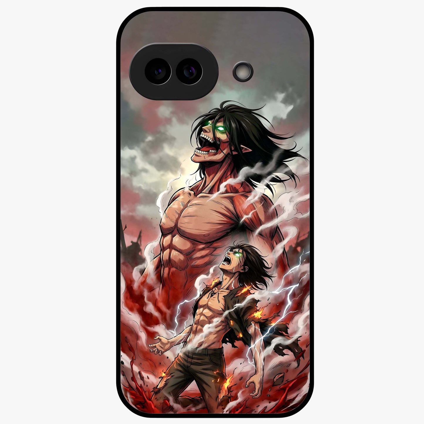 Titan Awakening Fury Glass Case showing flat back view with powerful titan inspired artwork and glossy glass finish.