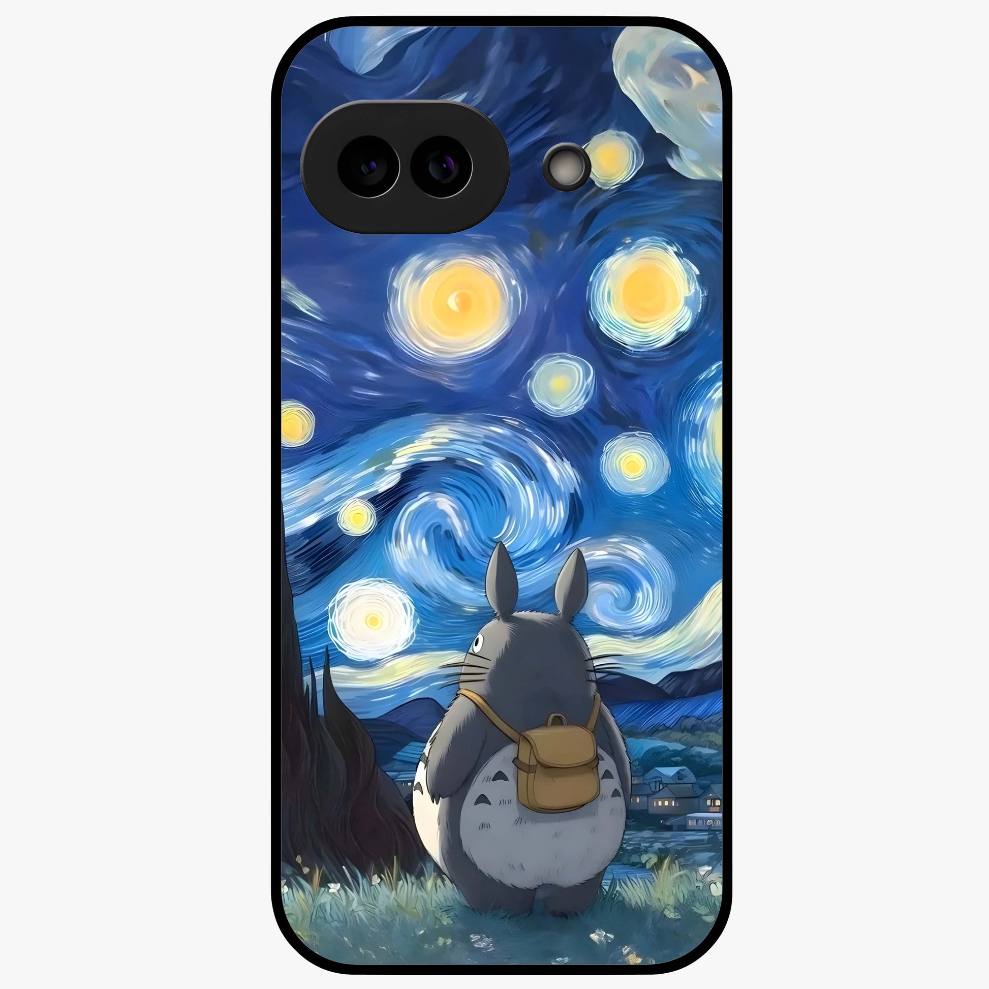 Totoro In Van Gogh Art Glass Case showing flat back view with whimsical character artwork inspired by Van Gogh style and glossy glass finish.