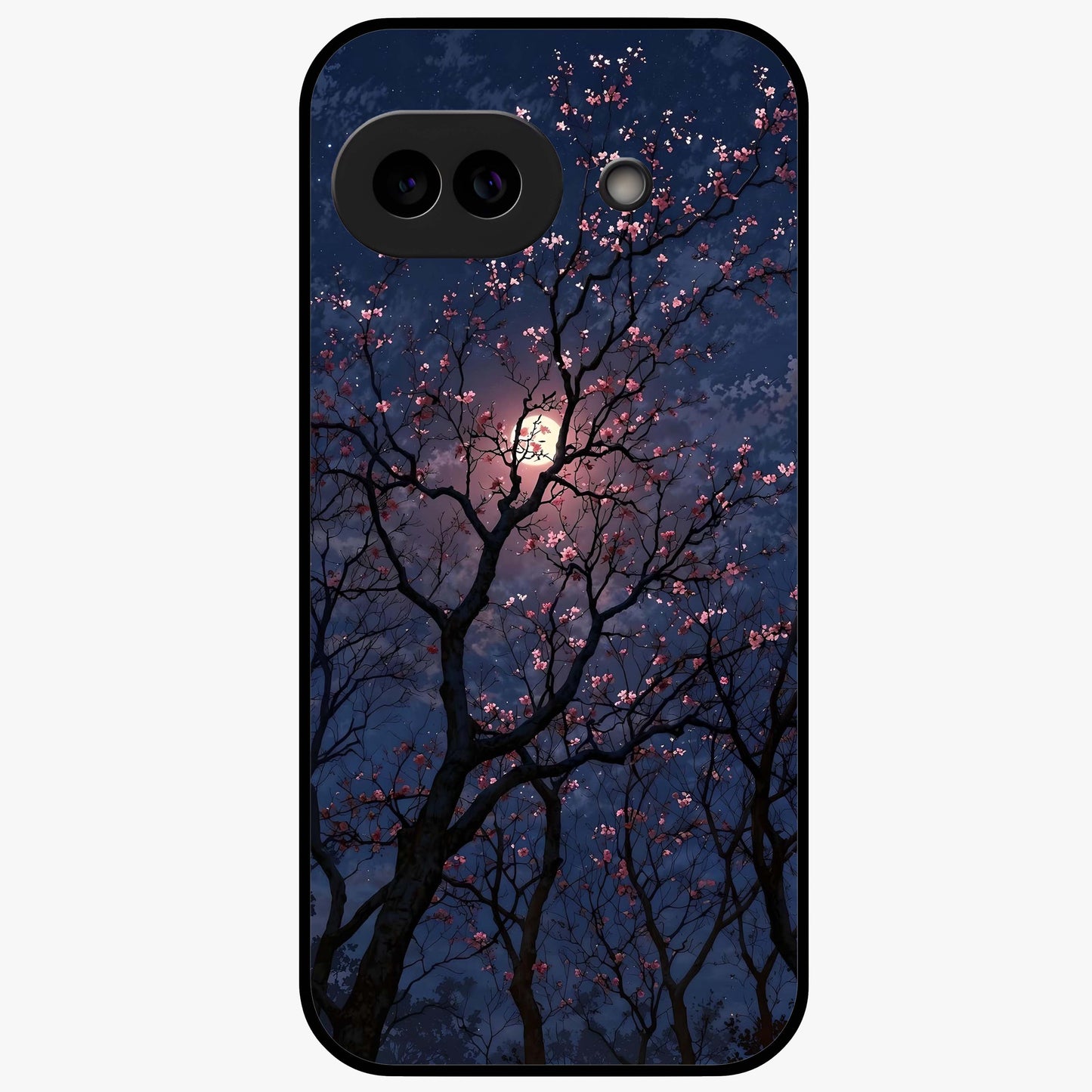 Twilight Sakura Serenade Glass Case showing flat back view with cherry blossom artwork at twilight and glossy glass finish.