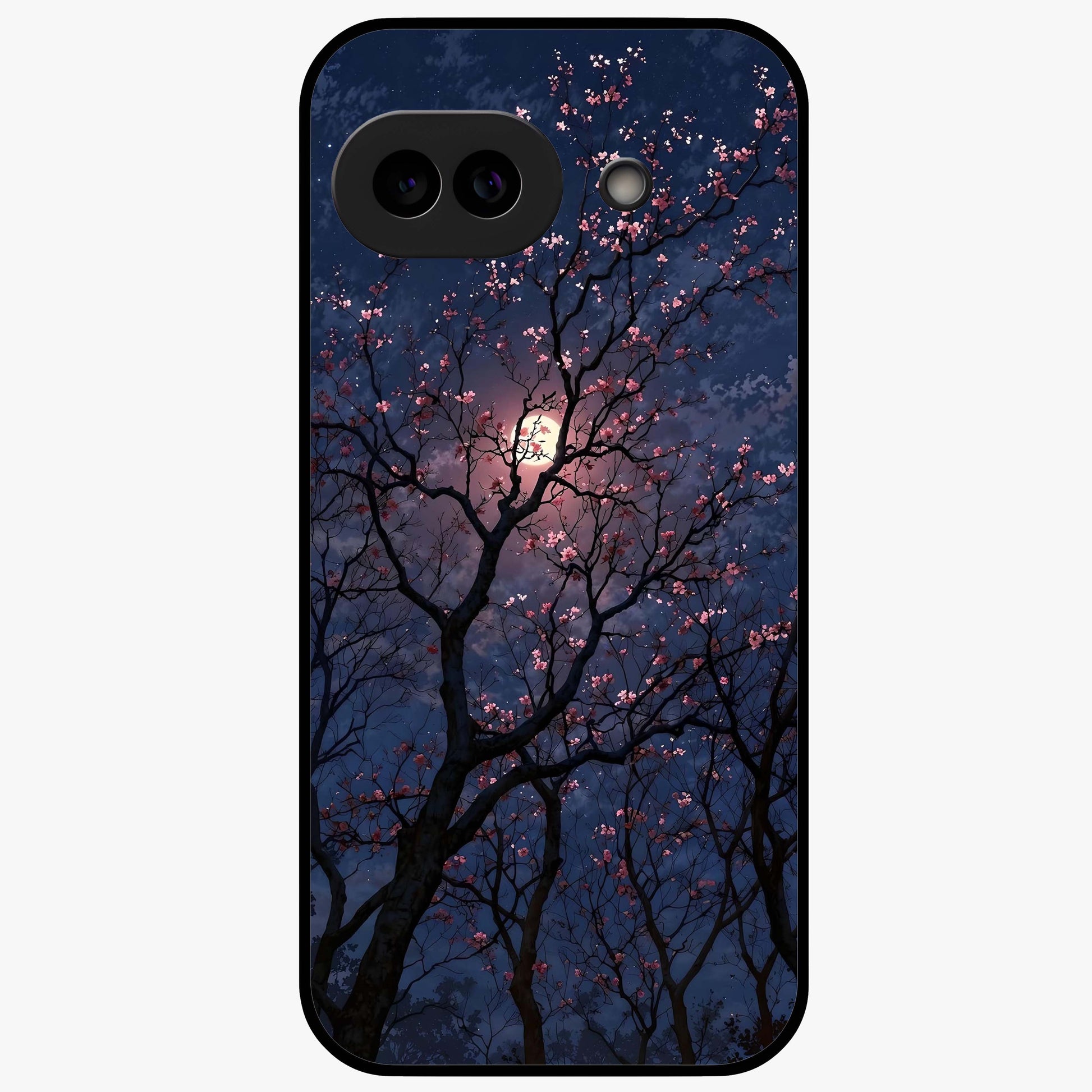 Twilight Sakura Serenade Glass Case showing flat back view with cherry blossom artwork at twilight and glossy glass finish.