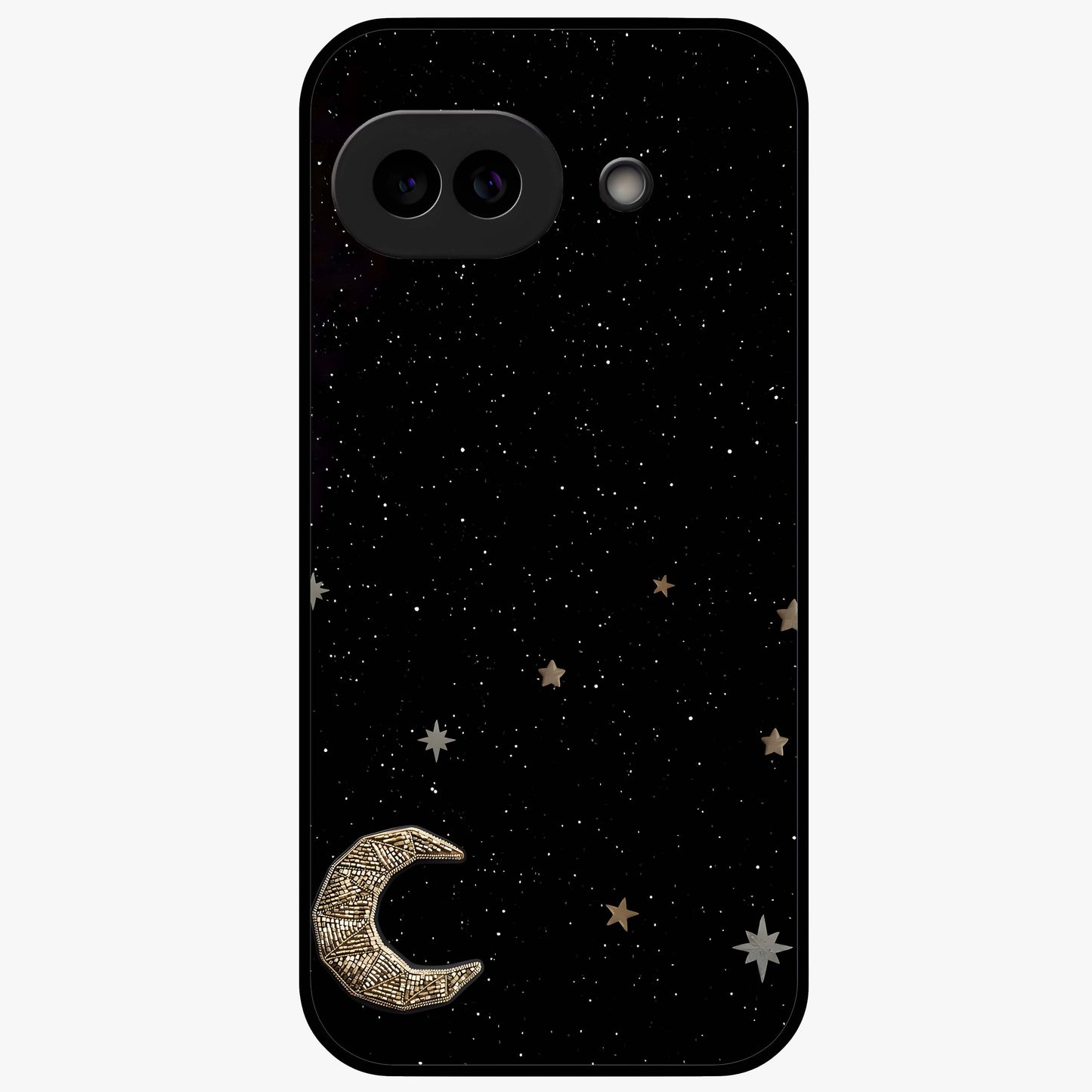 Twinkle Star With Half Moon Glass Case showing flat back view with star and half moon artwork and glossy glass finish.