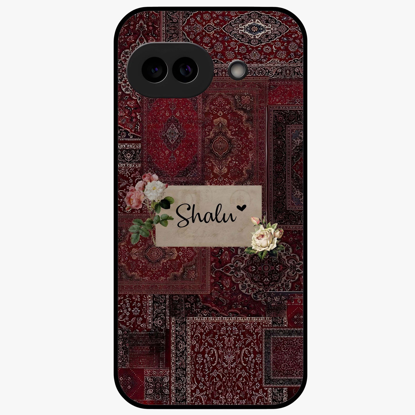 Velvet Wine Pattern Custom Name Glass Case showing flat back view with elegant wine colored pattern artwork and personalized name design.