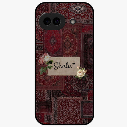 Velvet Wine Pattern Custom Name Glass Case showing flat back view with elegant wine colored pattern artwork and personalized name design.