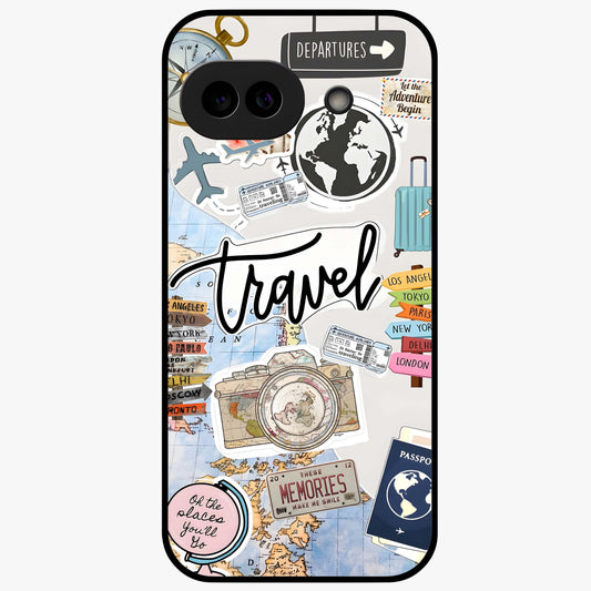 Wanderlust Journal Glass Case showing flat back view with travel inspired artwork and glossy glass finish.