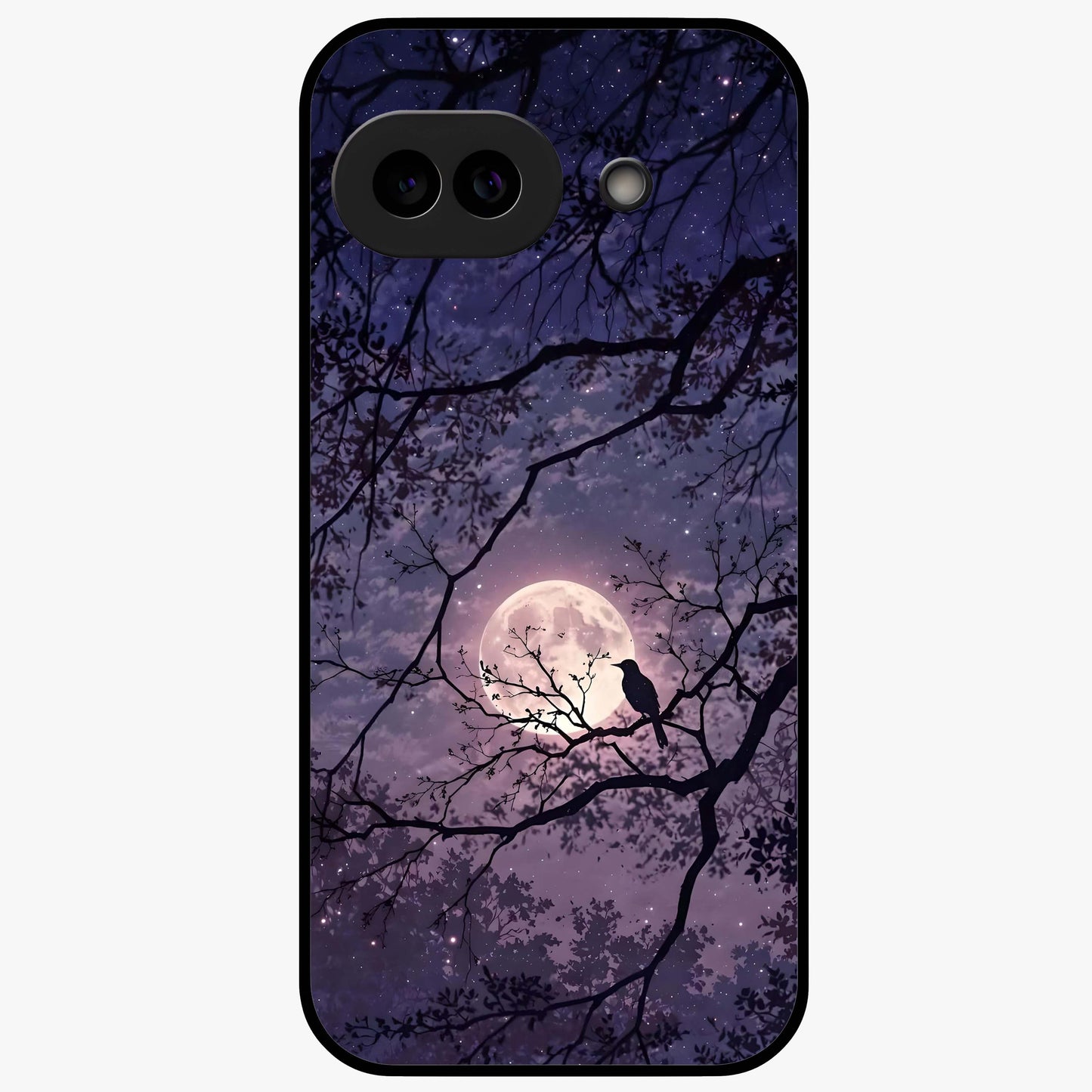 Whispering Moon Silence Glass Case showing flat back view with serene moon themed artwork and glossy glass finish.