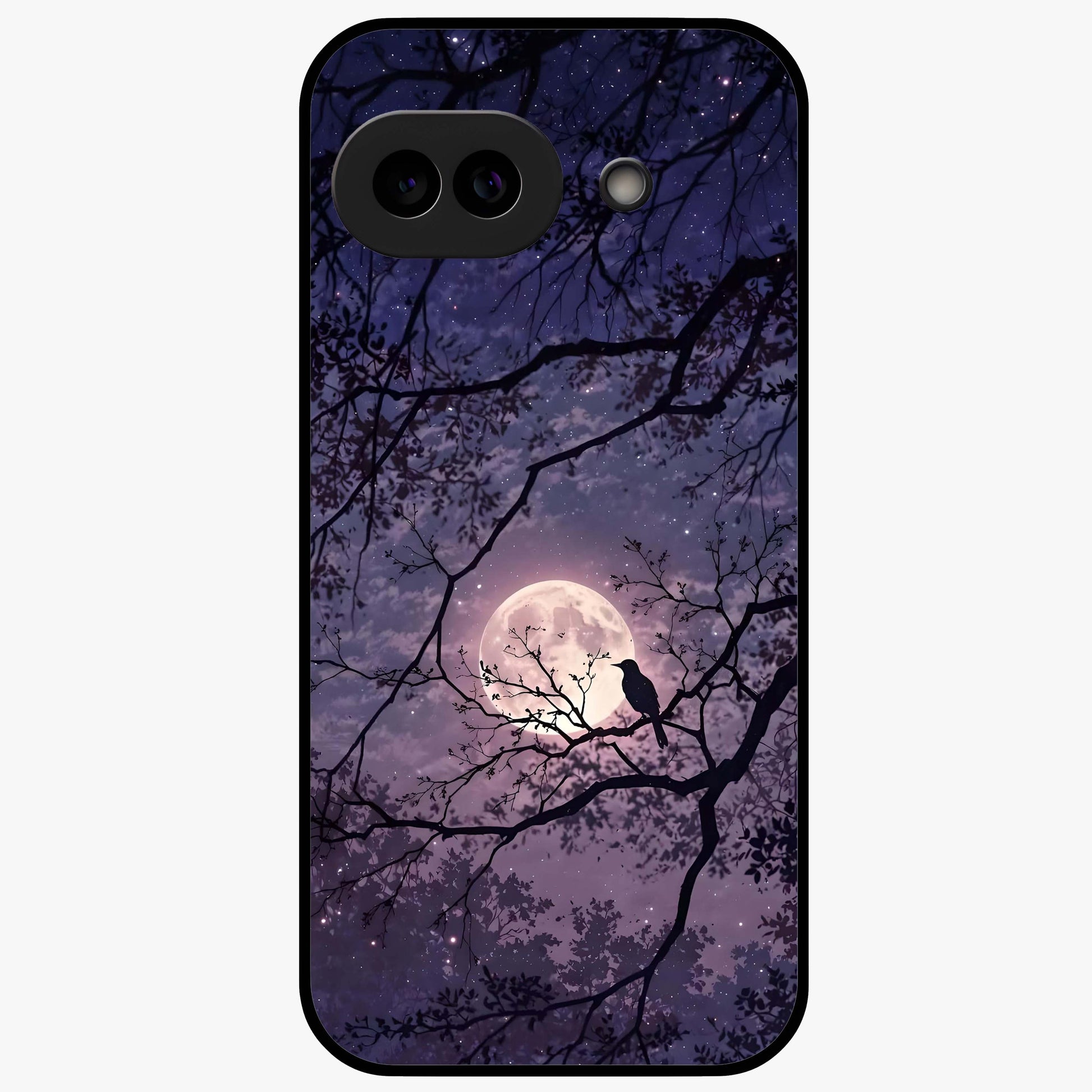 Whispering Moon Silence Glass Case showing flat back view with serene moon themed artwork and glossy glass finish.