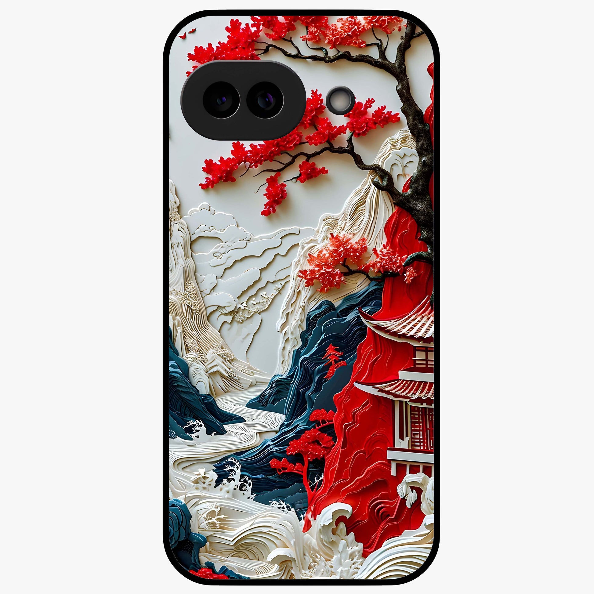Whispers Of Sakura Waves Glass Case showing flat back view with cherry blossom wave artwork and glossy glass finish.