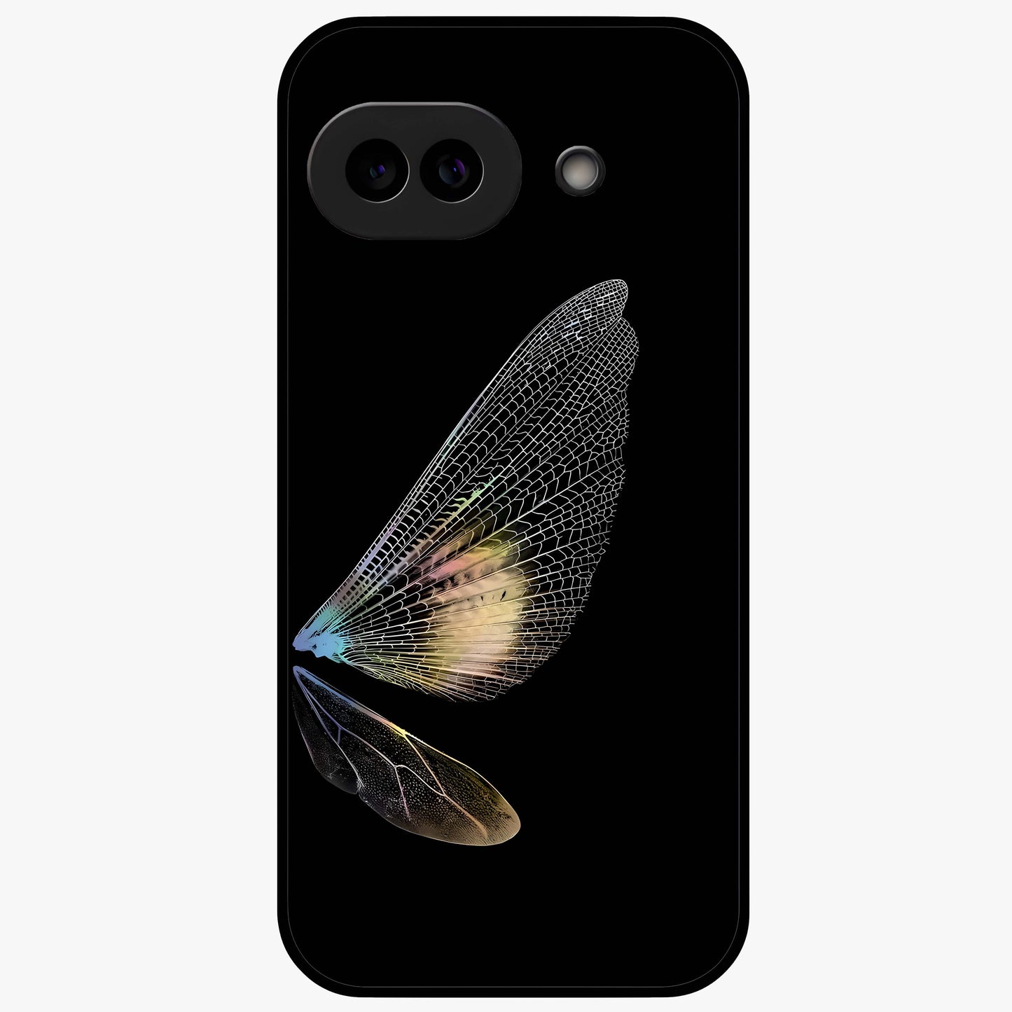 Whispers Of Wings Glass Case showing flat back view with graceful wing inspired artwork and glossy glass finish.