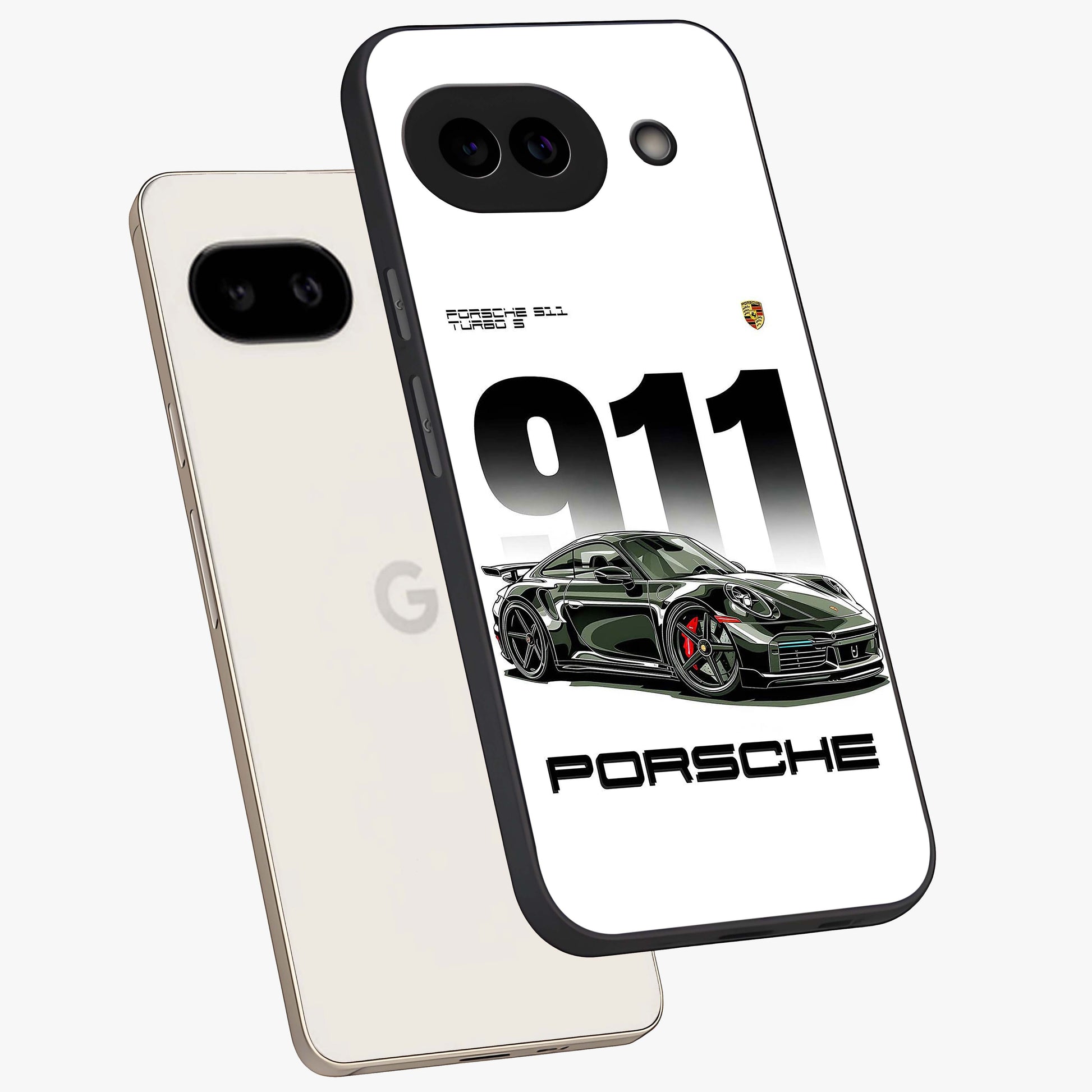 911 Turbo Dominance Glass Case displayed in premium angled mockup highlighting sporty car illustration and sleek glass surface.