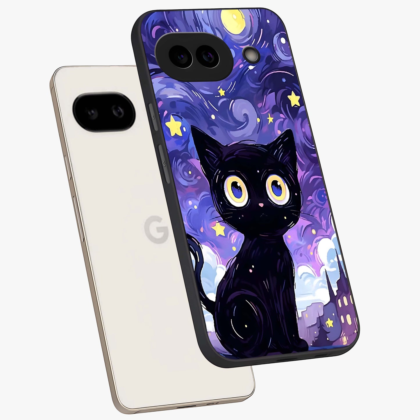 Abstract Cat Art Glass Case displayed in angled mockup highlighting modern abstract cat artwork and sleek glass surface.