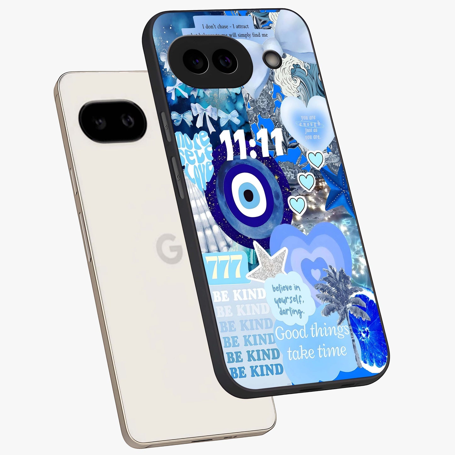 Aesthetic Be Kind Eye Glass Case displayed in angled mockup highlighting aesthetic eye design and inspirational vibe.