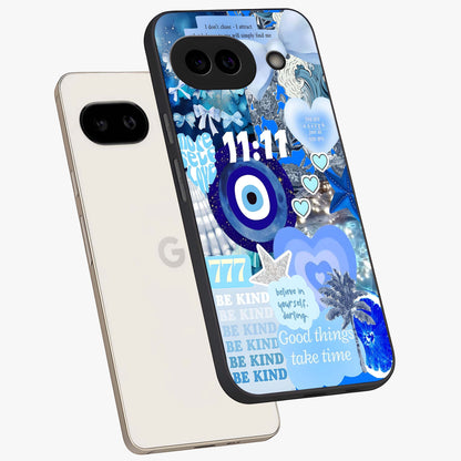 Aesthetic Be Kind Eye Glass Case displayed in angled mockup highlighting aesthetic eye design and inspirational vibe.