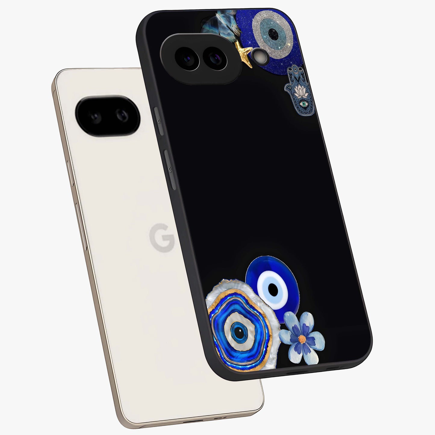 Aesthetic Blue Evil Eye Glass Case displayed in angled mockup highlighting blue evil eye symbol and spiritual aesthetic design.