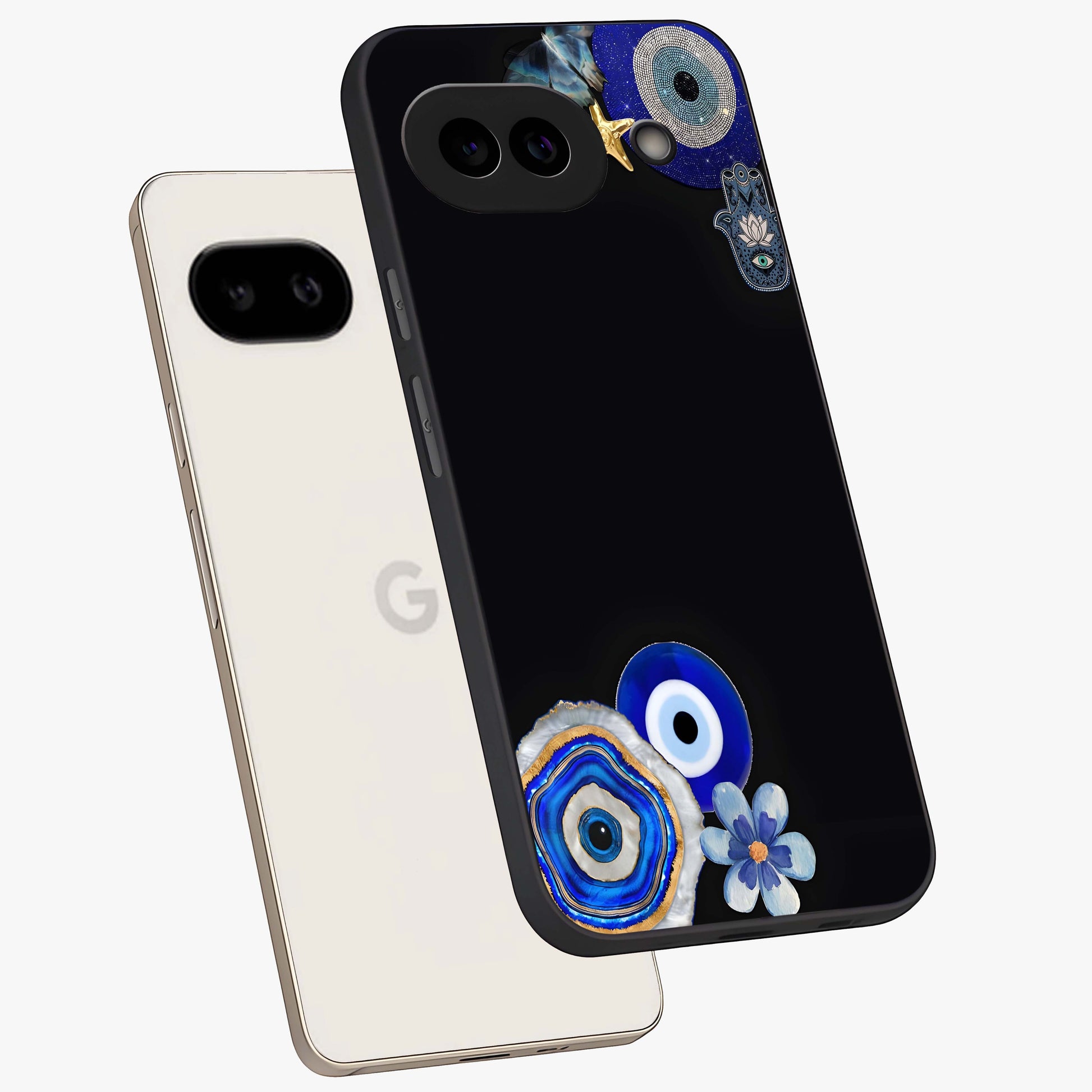 Aesthetic Blue Evil Eye Glass Case displayed in angled mockup highlighting blue evil eye symbol and spiritual aesthetic design.