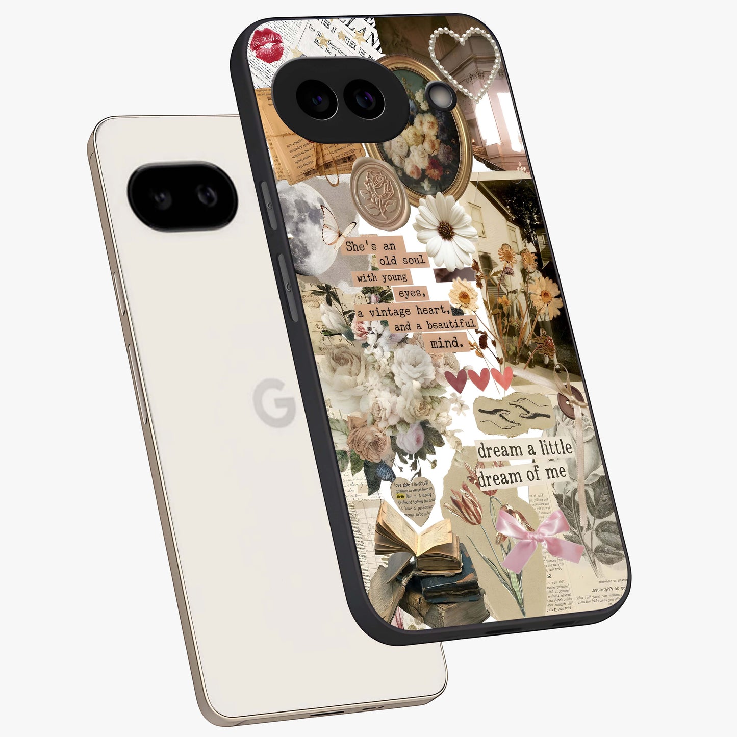 Aesthetic Brown Vintage Collage Glass Case displayed in angled mockup highlighting vintage aesthetic collage design.
