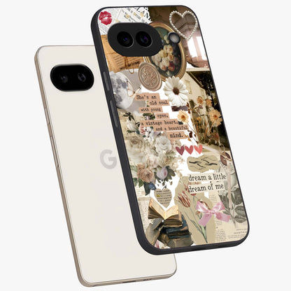 Aesthetic Brown Vintage Collage Glass Case displayed in angled mockup highlighting vintage aesthetic collage design.