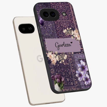 Antique Floral Whisper Custom Name Glass Case displayed in angled mockup highlighting elegant antique floral aesthetic.