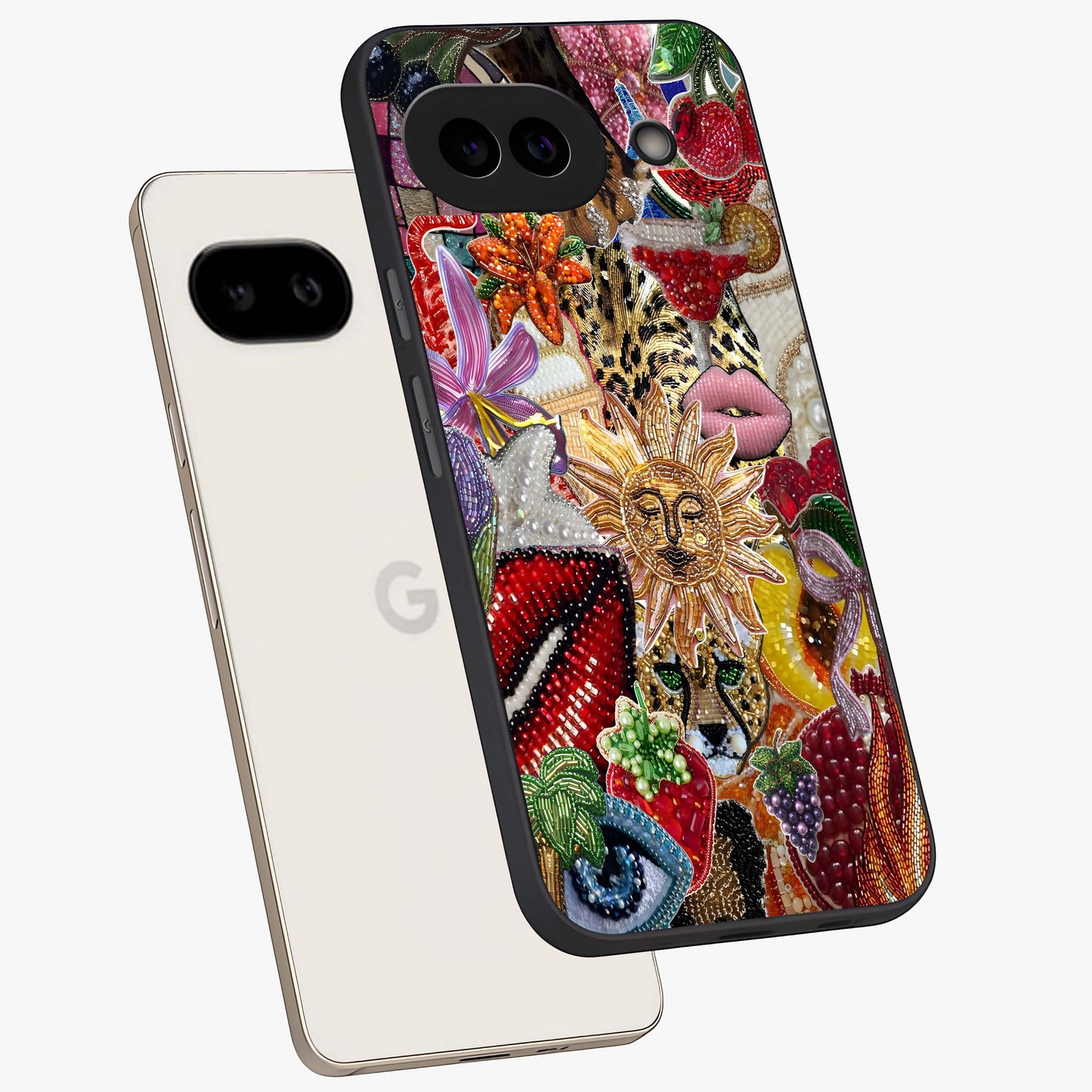 Beaded Fashion Jungle Glass Case displayed in angled mockup highlighting colorful fashion bead design and artistic pattern.