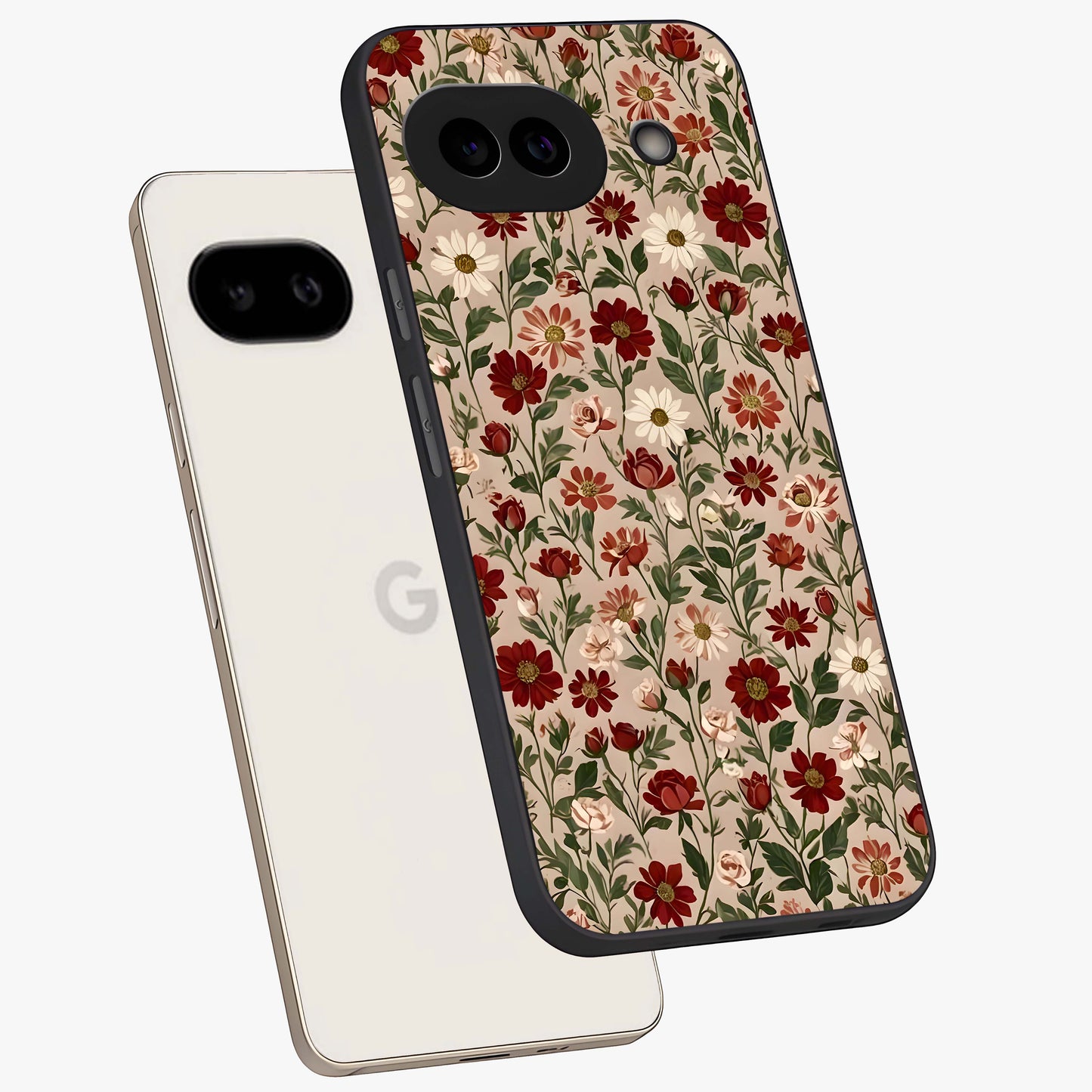 Biege Flower With Leaf Glass Case displayed in angled mockup highlighting minimal floral leaf design and elegant aesthetic.