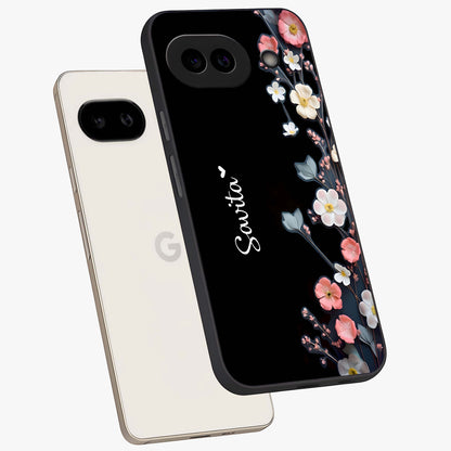 Black Elegance Floral Custom Name Glass Case displayed in angled mockup highlighting dark floral aesthetic and custom name feature.