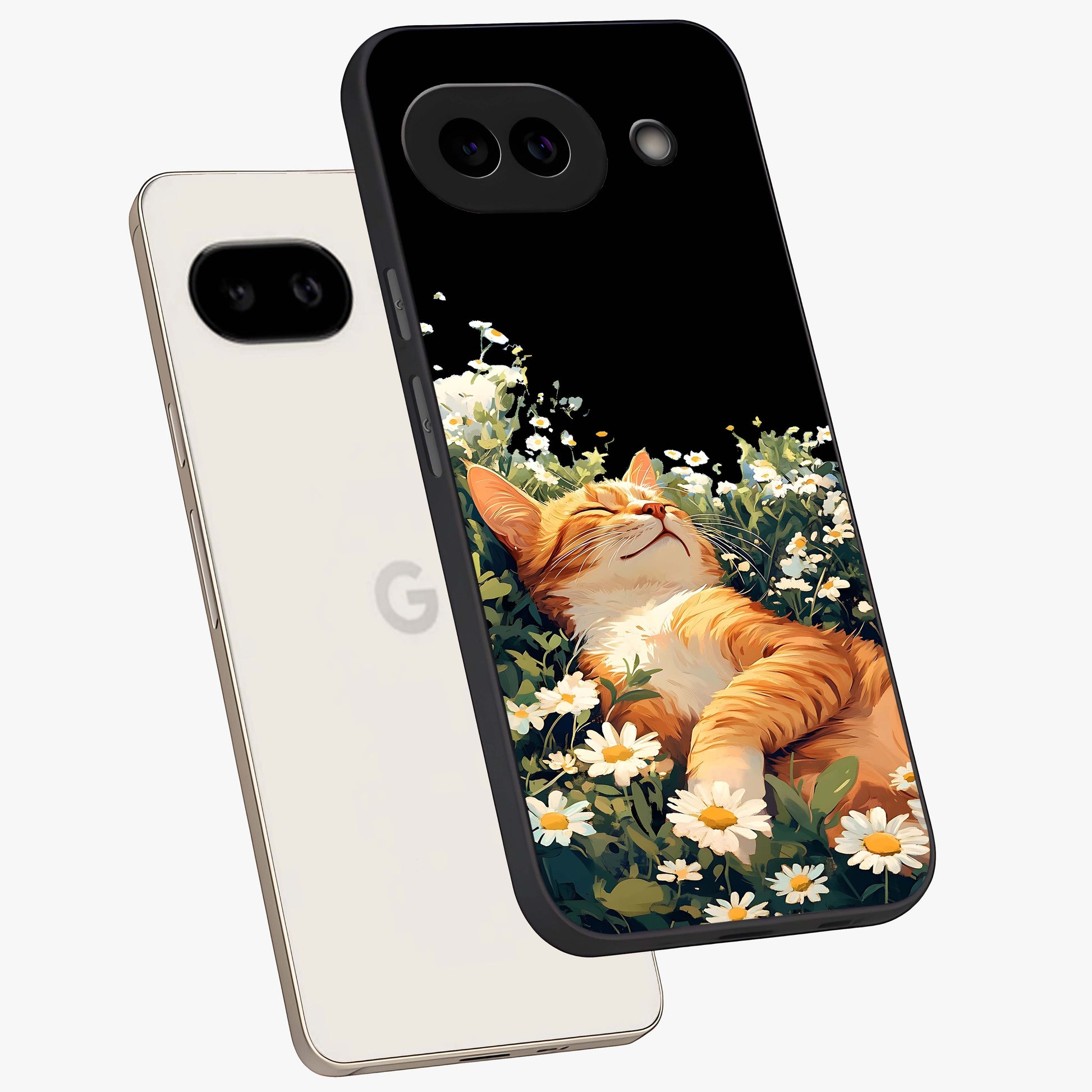 Blissful Bloom Cat Glass Case displayed in angled mockup highlighting playful feline illustration with soft floral aesthetic.