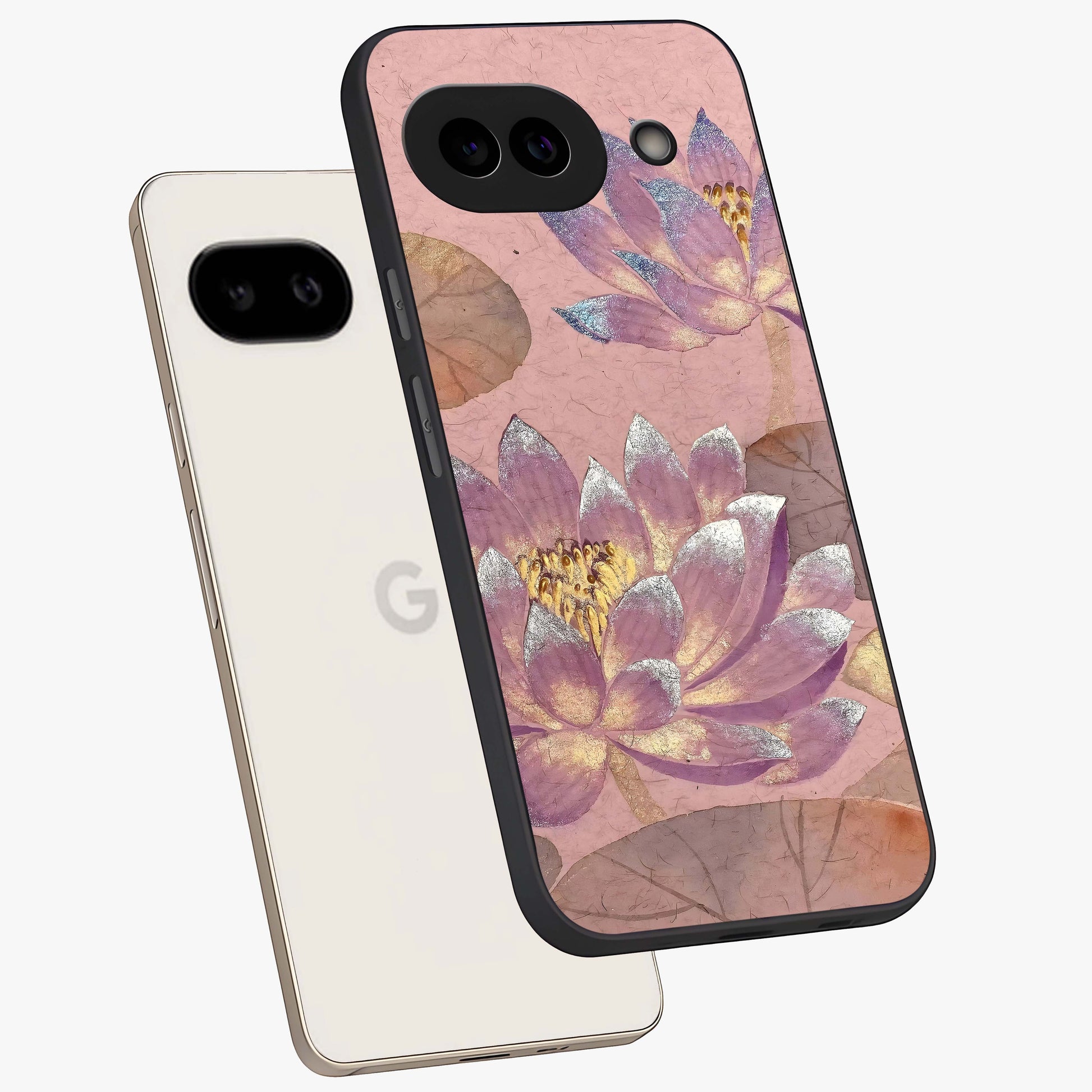 Blossom Mist Lotus Glass Case displayed in angled mockup highlighting delicate lotus illustration with calm aesthetic theme.