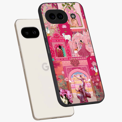 Blossoms of Rajasthan Glass Case displayed in angled mockup highlighting vibrant floral pattern with cultural aesthetic style.