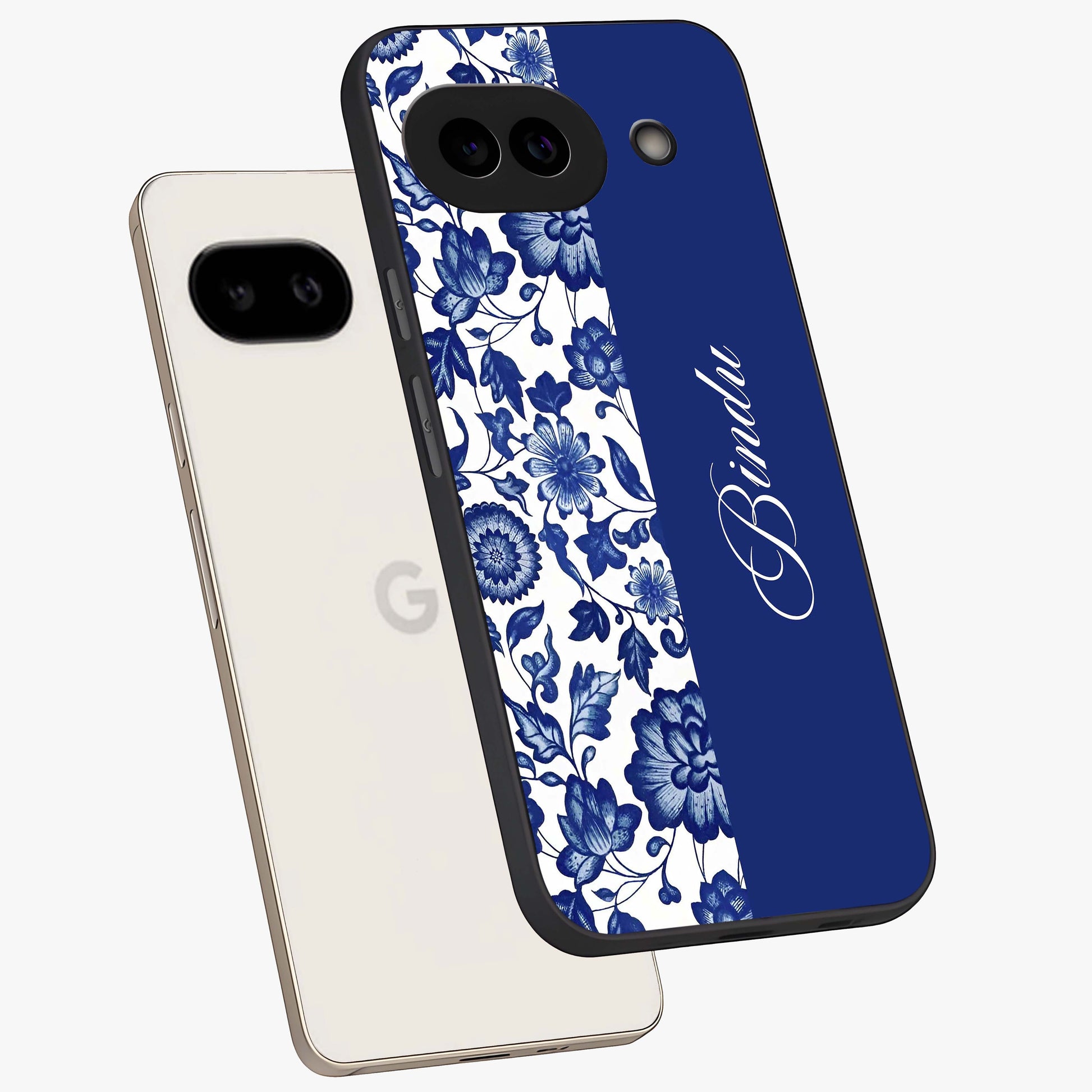 Blue Vintage Floral Pattern Glass Case displayed in angled mockup highlighting subtle bloom pattern with aesthetic pastel design.