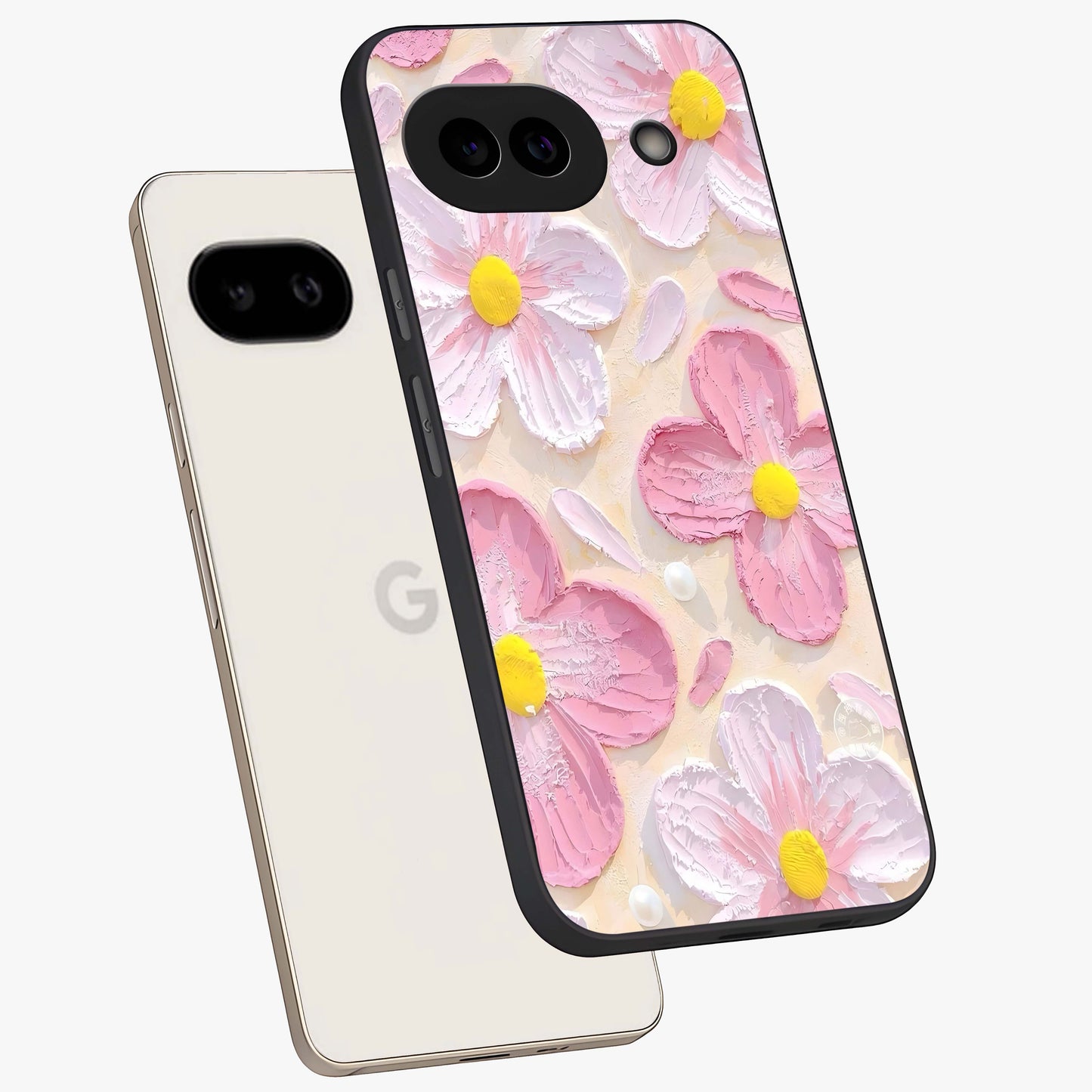 Blush Bloom Texture Glass Case displayed in angled mockup highlighting subtle bloom pattern with aesthetic pastel design.
