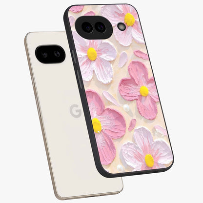 Blush Bloom Texture Glass Case displayed in angled mockup highlighting subtle bloom pattern with aesthetic pastel design.