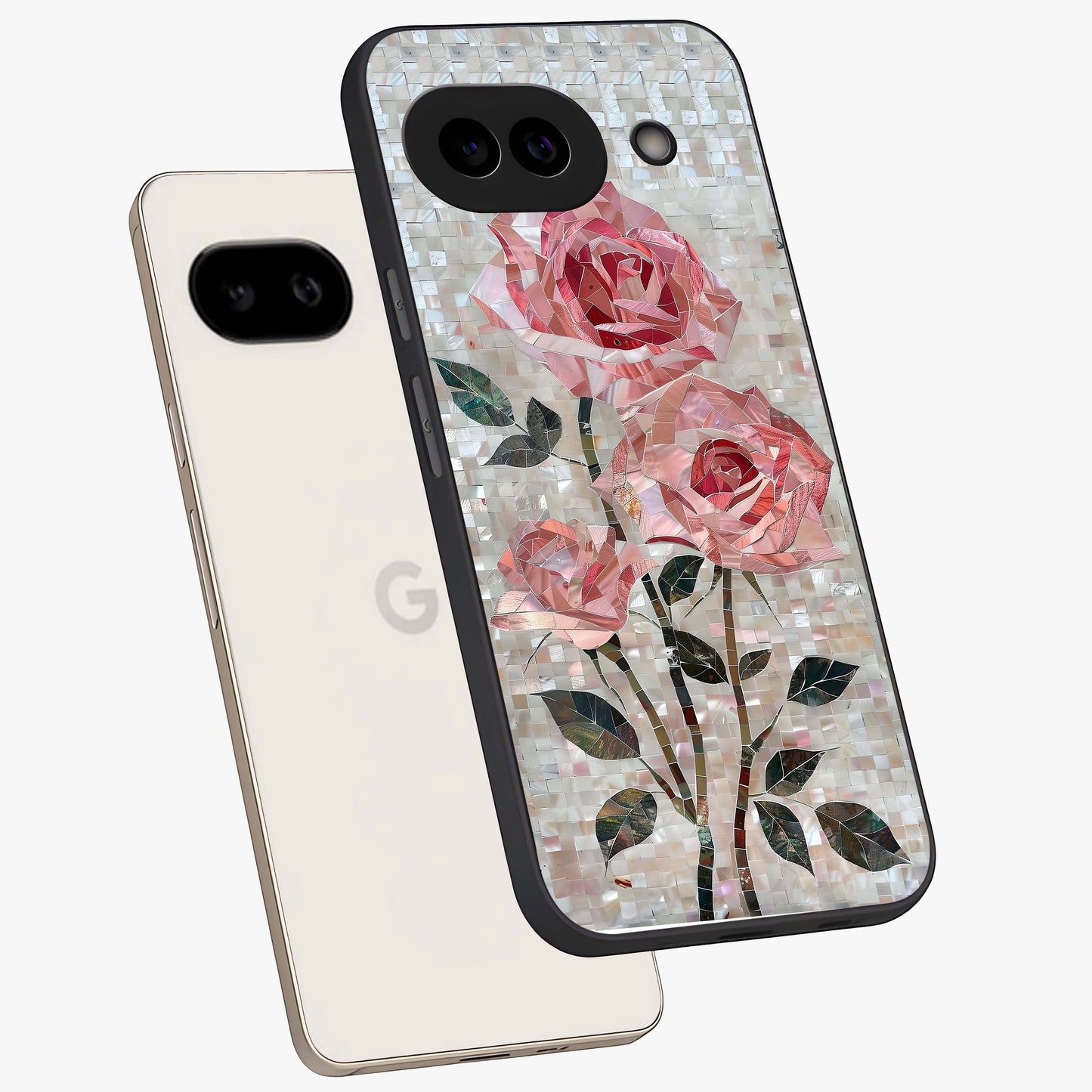 Blush Mosaic Bloom Glass Case displayed in angled mockup highlighting artistic mosaic flower pattern with aesthetic design.