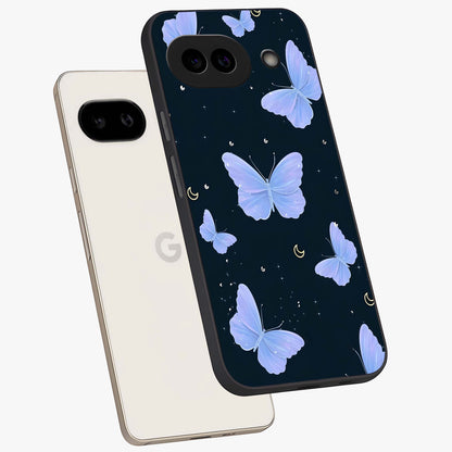 Butterfly With Stars Pattern Glass Case displayed in angled mockup highlighting dreamy butterfly and star design with aesthetic theme.