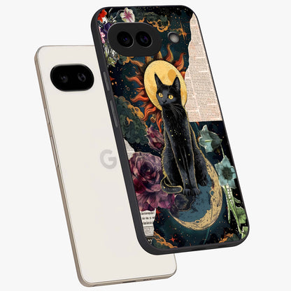 Celestial Black Cat Glass Case displayed in angled mockup highlighting cosmic black cat design with celestial aesthetic.