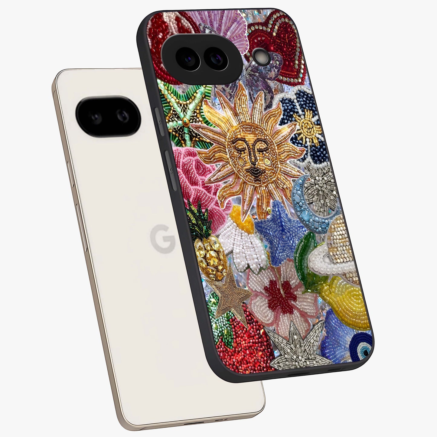 Celestial Floral and Playful Glass Case displayed in angled mockup highlighting playful floral design with dreamy celestial elements.