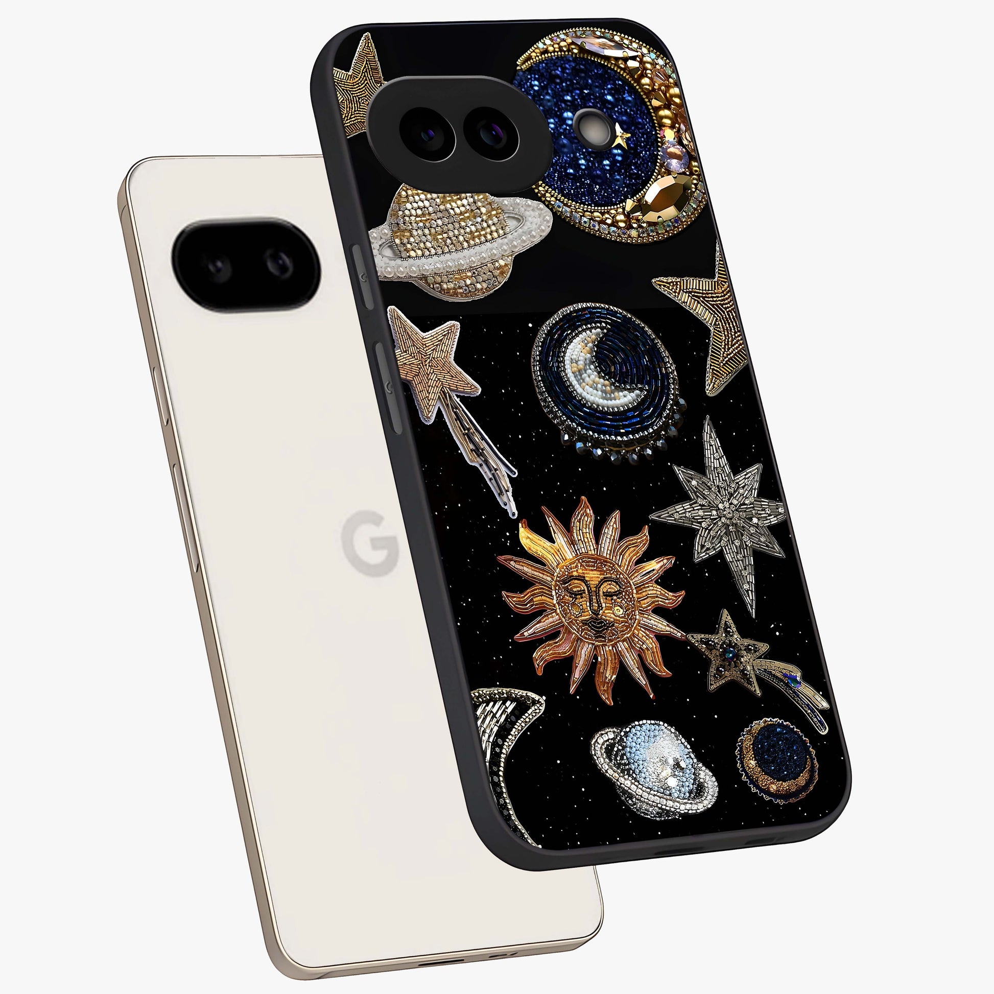 Celestial Gem Constellations Glass Case displayed in angled mockup highlighting gemstone inspired constellation design.